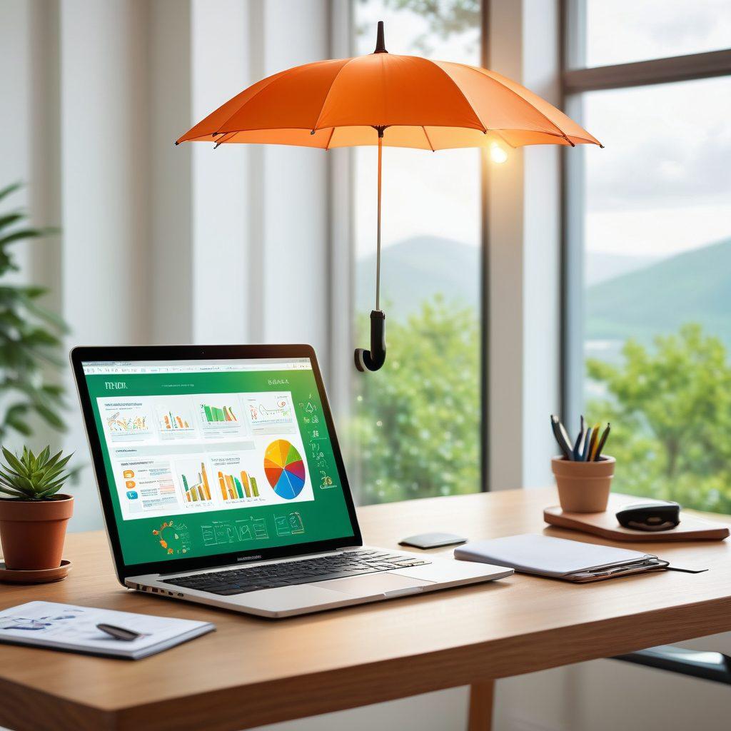 A serene and calm person sitting at a desk with a laptop open, surrounded by symbols of protection like shields and umbrellas. Soft green hues and peaceful landscapes in the background emphasize tranquility. Scattered documents represent insurance and risk management strategies. Light beams filtering through a window highlight the theme of safety and security. super-realistic. vibrant colors. white background.