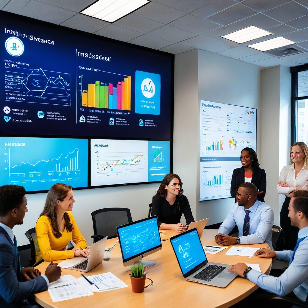 A visually engaging scene featuring a diverse group of people discussing insurance options in a bright, modern office space. Include a large digital screen displaying various online insurance platforms, with colorful graphs and icons. Incorporate symbols of financial security, such as a lock, coins, and a shield, subtly present in the background. The characters should show expressions of understanding and relief, connecting with the theme of empowerment in financial decisions. vibrant colors. super-realistic.