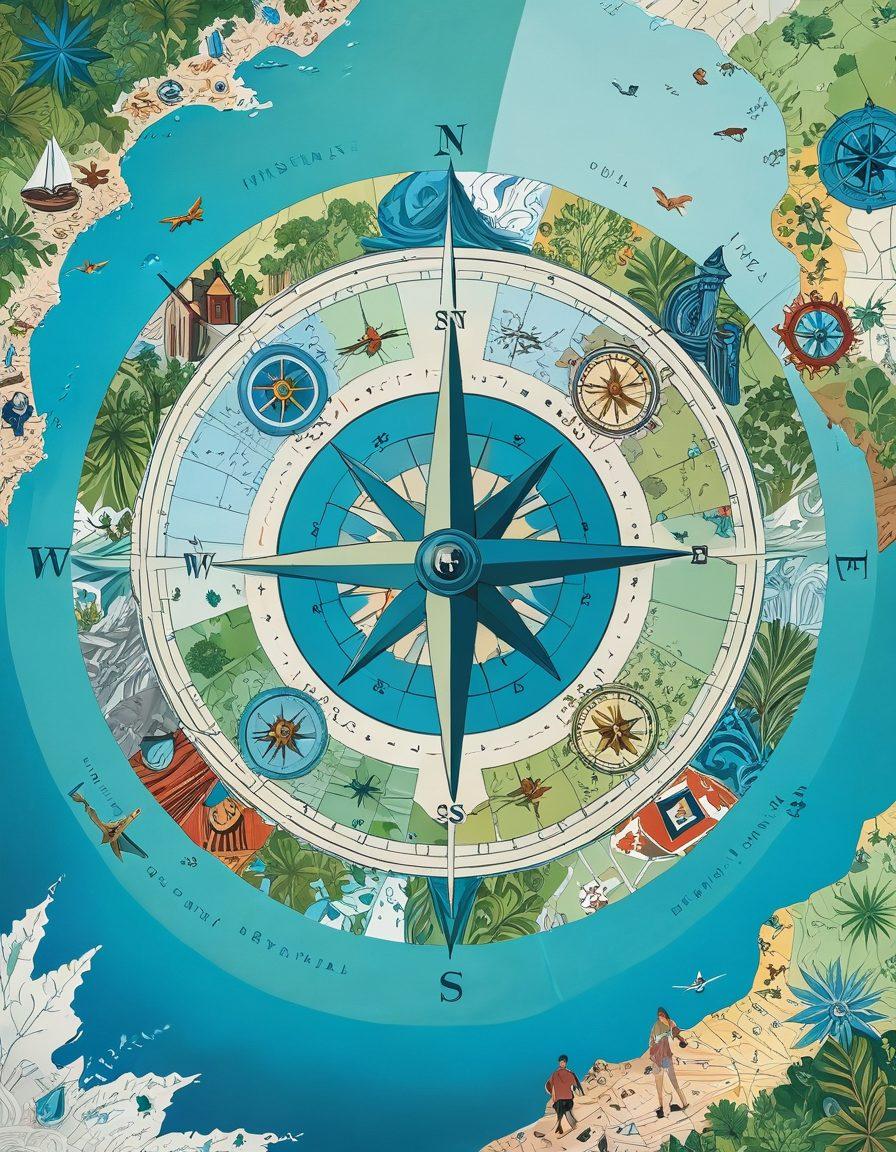 A detailed compass overlayed on an abstract map filled with various insurance icons like shields, dollar signs, and policy documents. In the background, a tranquil landscape representing protection and security, with a diverse group of people discussing together. The color palette is calming blues and greens, symbolizing trust and peace of mind. super-realistic. vibrant colors. 3D.